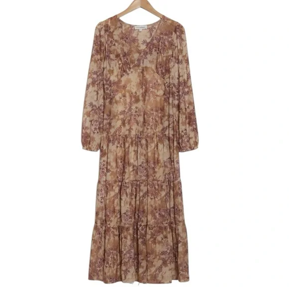 Lucky Brand Tan Floral Long Sleeve Maxi Dress Sheer Overlay NWT Size Large - Picture 3 of 6